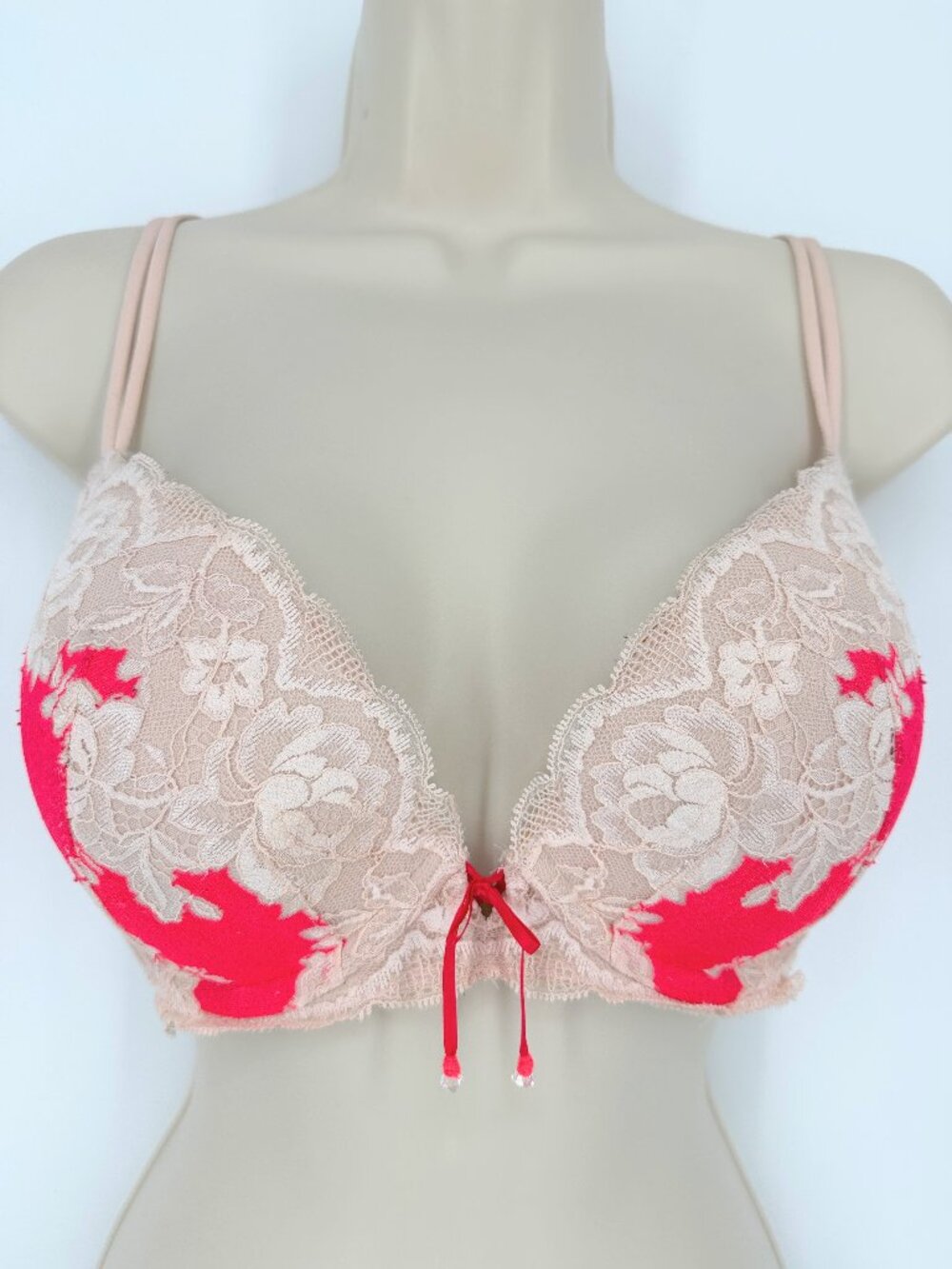 Victoria's Secret Nude Lace Push-Up Bra with Dark Pink Accents 34DD
